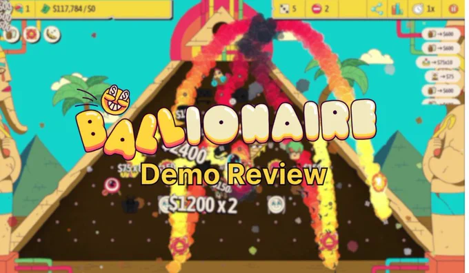 Header image for Ballionaire, featuring the games pale yellow text logo of the title of the game, with additional text under reading "Demo Review". A screeshot of the game blurred out is the background which features a small explosion.