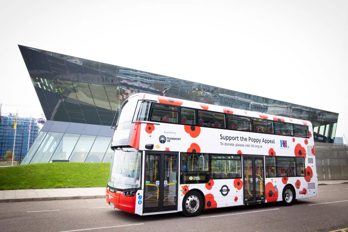 Outside City Hall, our bus poses with the Poppy Appeal livery.