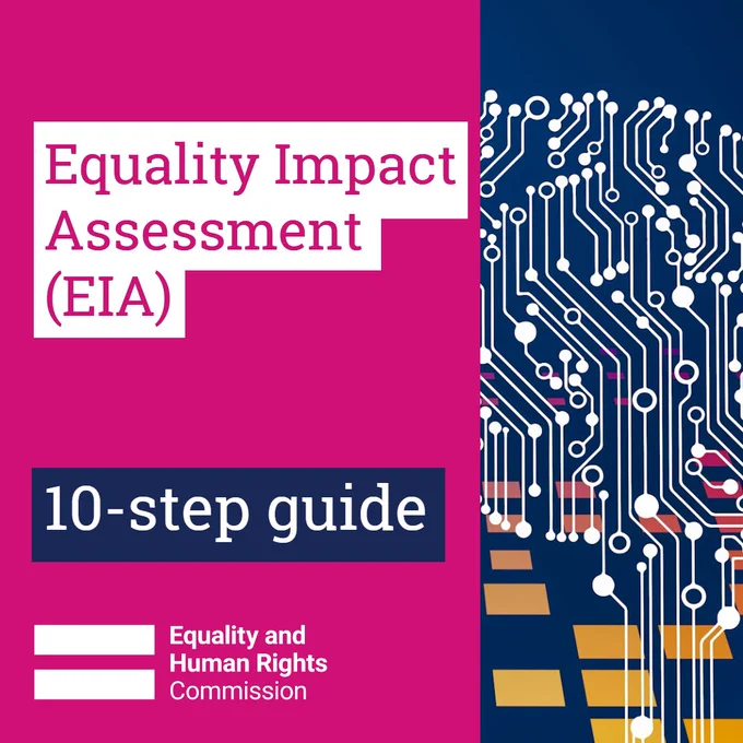 The graphic shows a pink background next to a digital illustration. The text in the foreground reads Equality impact assessment (EIA) 10-step guide 