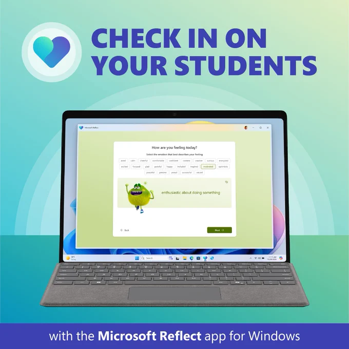 Image with illustrated graphics and an image of Microsoft Reflect user interface on a Surface device showcasing the following copy: Check in on your students With the Microsoft Reflect app for Windows