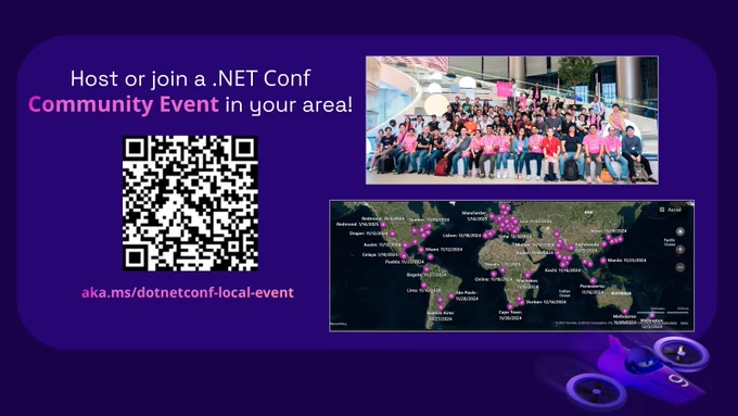 Illustration of dotNET Bot in a racecar. Text reads:
Watch party
.NET Conf 2024November 12-14
Join a watch-party, content review, localized session re-delivery, or community building opportunity for you & your community to learn all about the galaxy of .NET 9! 