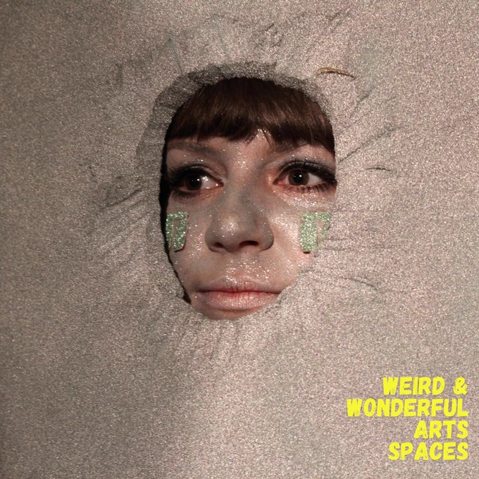 Close-up photos of people’s faces covered in grey glitter and face paint, in the cut-out face hole of the grey stone costume.