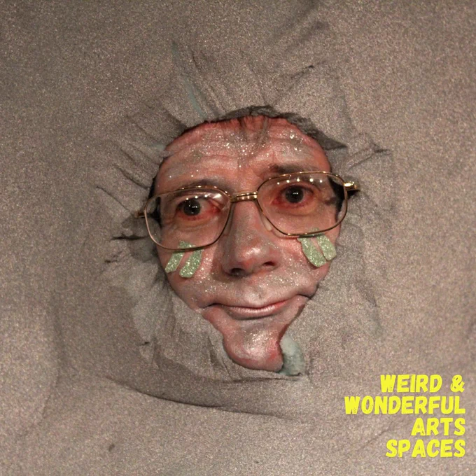 Close-up photos of people’s faces covered in grey glitter and face paint, in the cut-out face hole of the grey stone costume.