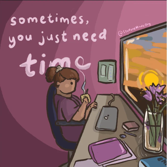 An Illustration of someone drinking tea while looking at the sunset. There's text that reads: Sometimes you just need time
