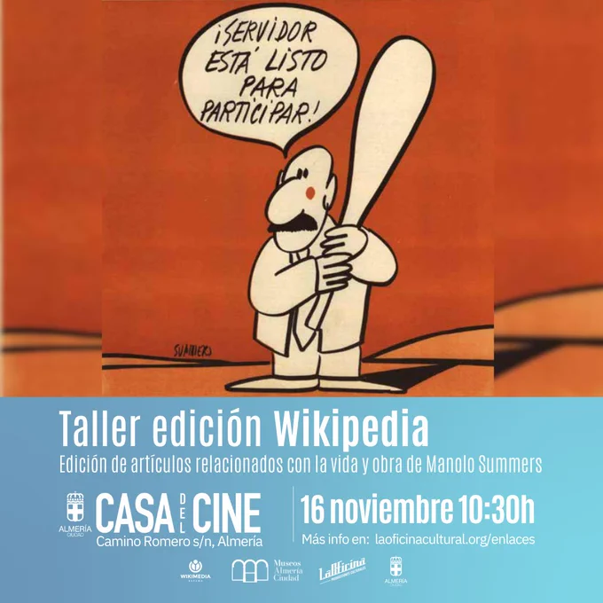 Cartel de promoción del taller de edición que incluye una caricatura de Summers de un señor con un palo listo para participar.