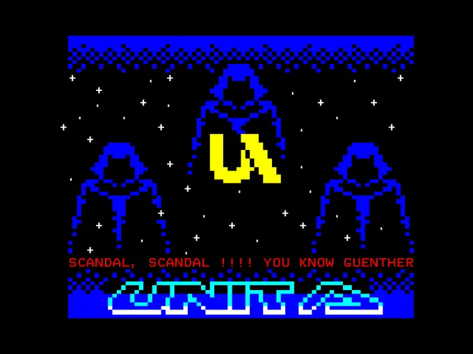 A Teletext rendition of Unit A's famous 1988 cracktro for the Amiga