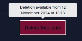 Greyed out "Delete Mac mini" button, with caption: "Deletion available from 12 November 2024 at 13:13".
