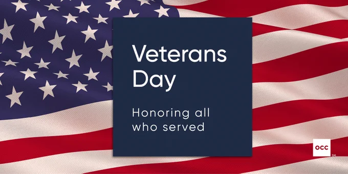 Graphic featuring the United States flag with text overlay that reads, "Veterans Day - Honoring all who served."