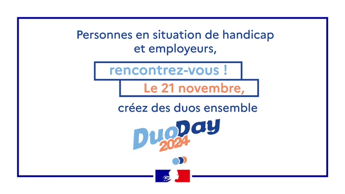 Personnes en situation de handicap, employeurs; rencontrez-vous ! Le 21 novembre, créez des duos ensemble pour le duoday 2024 !
Rendez-vous sur duoday.fr