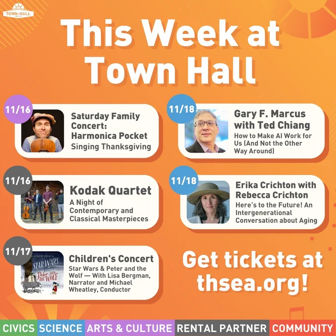 This Week at Town Hall
11/16: Saturday Family Concert: Harmonica Pocket
11/16: Kodak Quartet
11/17: Children's Concert
11/18: Gary F. Marcus with Ted Chiang
11/18: Erika Crichton with Rebecca Crichton