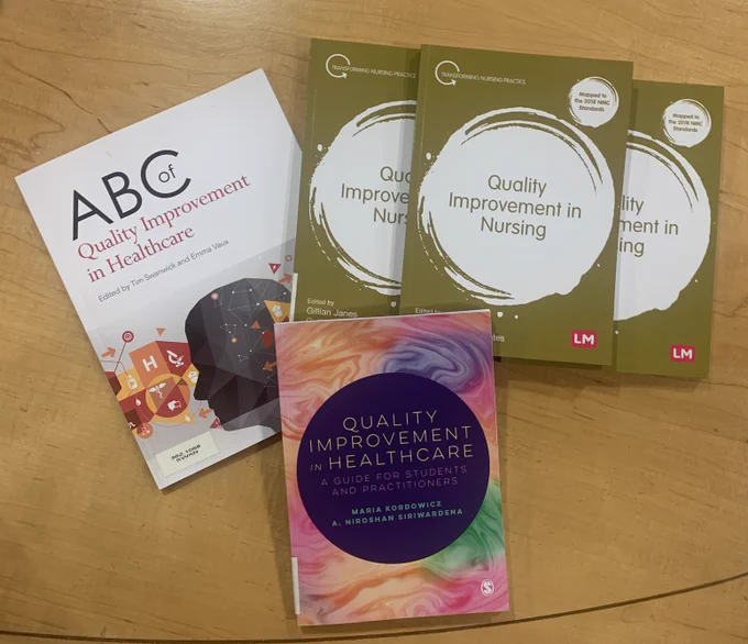 Books fanned out on desk (titles; ABC of Quality Improvement in Healthcare; Quality Improvement in Nursing x 3 copies; Quality Improvement in Healthcare)