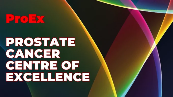 Banner that reads 'ProEx Prostate Cancer Centre of Excellence'. The background features arcs of neon light against a black backdrop.