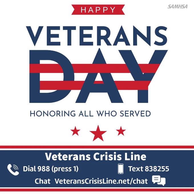 Graphic for Veterans Day by SAMHSA, featuring the message 'Happy Veterans Day' in bold, patriotic colors and 'Honoring all who served'. Includes stars and the Veterans Crisis Line information with phone number and text details.
