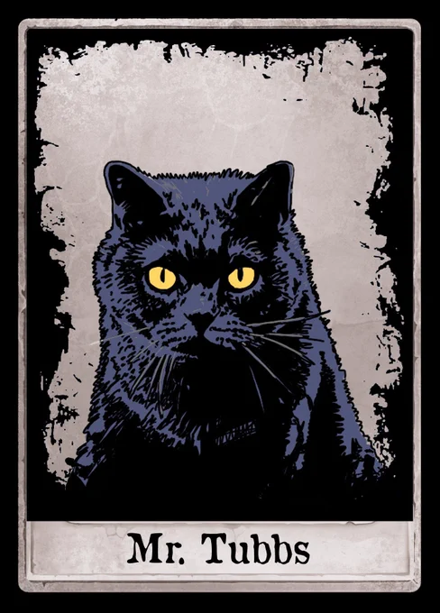 A card from the game, The Horror at Highrook, showing a black cat with yellow eyes called Mr. Tubbs