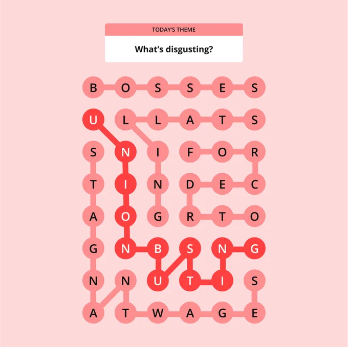 A Strands gameboard based on theme "What's disgusting?".  Answer: UNIONBUSTING