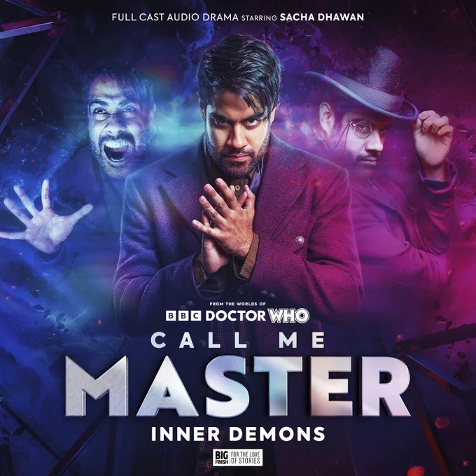 The cover of Call Me Master: Inner Demons with art by Sean Longmore. The Master rubs his hands together plottingly in the centre. To his left, a translucent Master screams, while a translucent Master to the right tips his hat. The cover is coloured his signature purple.