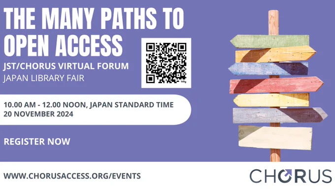 The Many Paths to Open Access with JST and CHORUS on a purple background and colorful sign post