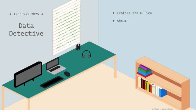 Title: Iron Viz 2025 - Data Detective
An image of an office with a desk and book case, in a pixel art style. The desk has a monitor, laptop, headphones, and binoculars. The bookcase is holding books and a stack of games. 