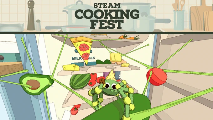 Steam Cooking Fest Logo and Spider standing on food while holding a cookie