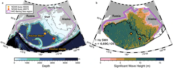 A) a map of the Bering Sea study area showing the ocean bathymetry. B) a map showing the > 6 million satellite wave height observations analyzed, with the largest waves on top, to show where waves have the largest impact.
