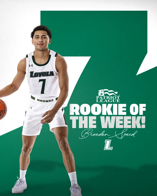 Braeden Speed

Patriot League Rookie of the Week

Loyola & Patriot League logos

Photo of Speed dribbling a ball.
