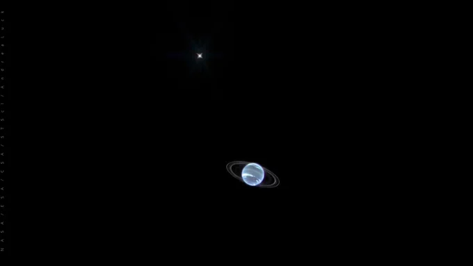 This stunning NIRCam image captures the distant planet Neptune and its largest moon, Triton, in unprecedented detail. The image reveals Neptune's faint rings and its distinctive blue hue, while Triton appears as a bright object nearby. This image offers a new perspective on this distant planetary system and provides valuable insights into the composition and dynamics of these celestial bodies.