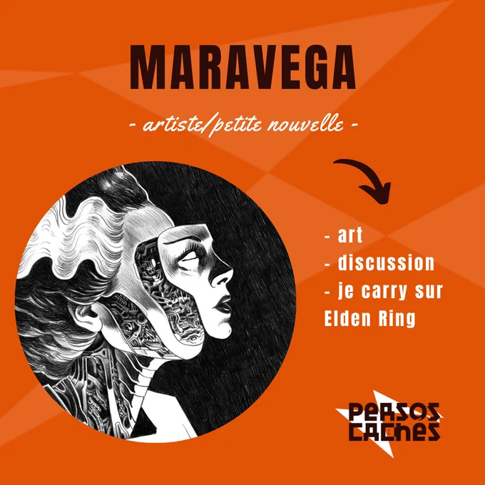 Première partie du portrait de MaraVega.

On y voit son avatar et on y lit : 
« MaraVega: artiste/petite nouvelle » ainsi que trois qualificatifs de son travail : « art, discussion, je carry sur Elden Ring».