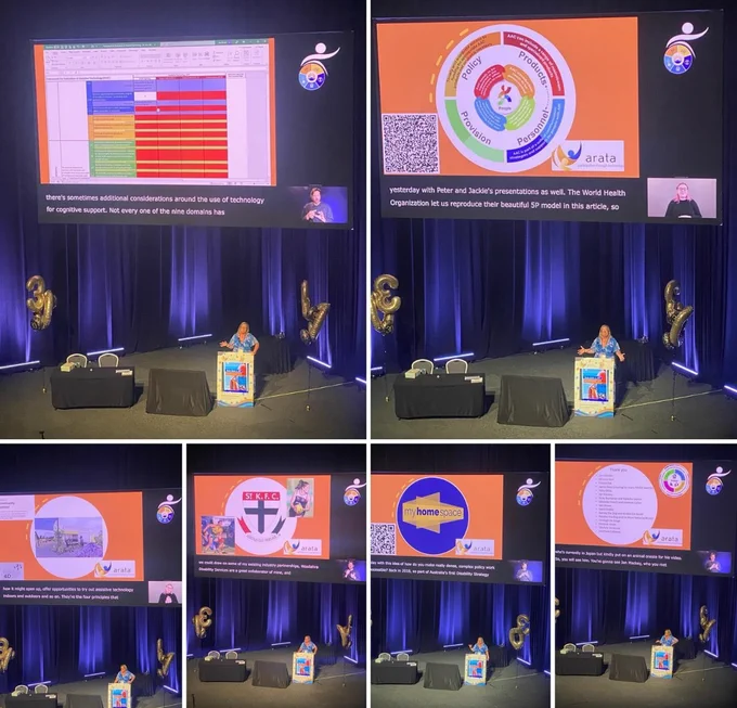 6 images of a person at a lectern with large slides shown on a data project screen above them
