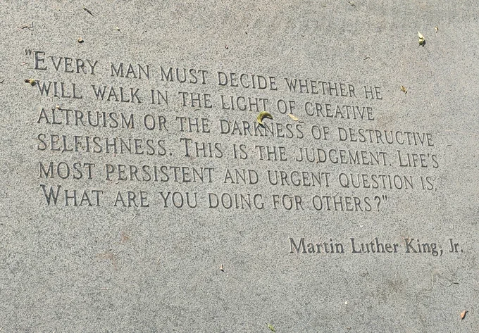 Every man must decide whether he will walk in the light of creative altruism or the darkness of destructive selfishness. This is the judgement. Life's most persistent and urgent question is, what are you doing for others? Martin Luther King, Jr