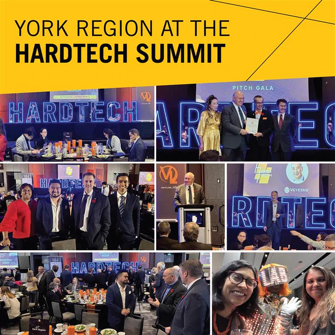 Collage of images of HardTech Summit attendees and speakers with the text, "York Region at the hardtech summit"