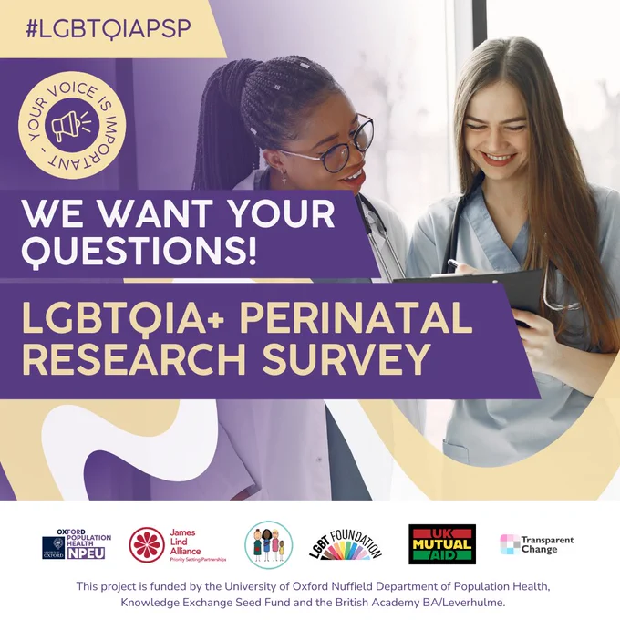 Two health professionals talking. Text is "We want your questions! LGBTQIA  perinatal research survey"