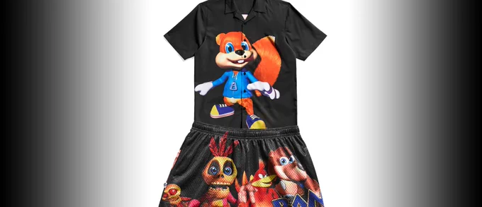 The Conker's Bad Fur Day Button Up Shirt (featuring a render of Conker) atop the Banjo-Kazooie Character Trio Retro Shorts (featuring a render of Mumbo, Kazooie, and Banjo with the Banjo-Kazooie logo) from Chalk Line Apparel.