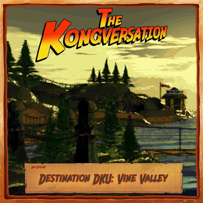 The key art to the Kongversation's "Destination DKU: Vine Valley" episode. A sloping temperate woodland jutting out to the ocean is cast against an amber sky.