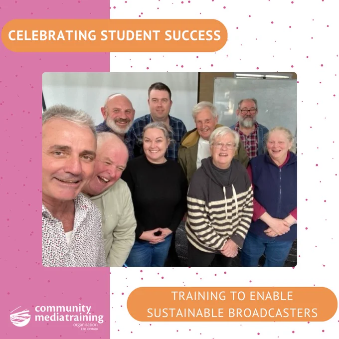 Text and images on a pink and white background. In the middle is a photo of nine people standing together and smiling. Above and below the image are orange bubbles with white writing that read 'celebrating student success: training to enable sustainable broadcasters.'