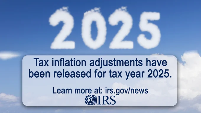 2025 spelled out in clouds on blue sky. Text reads: “Tax inflation adjustments have been released for tax year 2025.” Learn more at: irs.gov/news with IRS logo below.