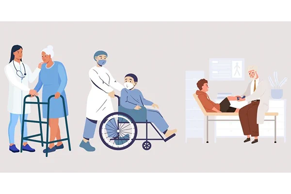Clipart showing three doctors interacting with three patients - one is an older woman using a walker, the second is a man sitting in a wheelchair, and the third is a young person being having their knee examined