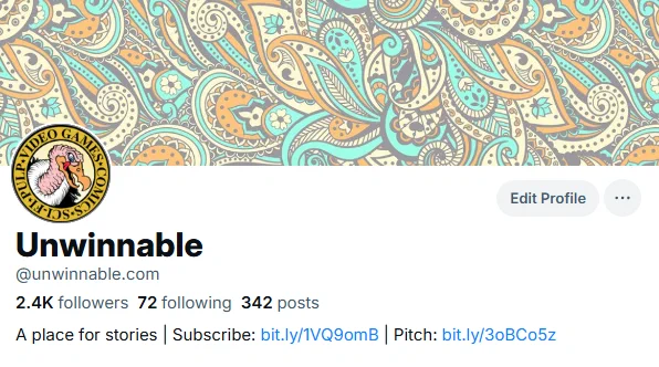Unwinnable's profile header for a competing site with a butterfly logo showing that its handle for that site is unwinnable.com