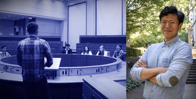 A blue-tinted photo depicts a public hearing, with a speaker presenting to a group seated around an O-shaped table in what appears to be a city council chamber. Separately, a photo shows Uytae Lee, the host and founder of About Here, standing outside and smiling with his arms crossed.