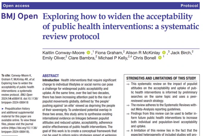 A screenshot of the tile page of the journal article. The text is in black and white, with the headline in blue. The headline is Exploring how to widen the acceptability of public health interventions: a systematic review protocol. The names of the authors are listed below