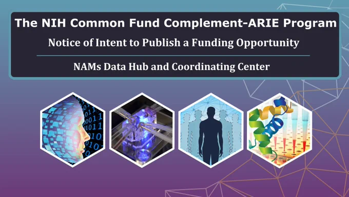 Text reads: “The NIH Common Fund Complement-ARIE Program. Notice of Intent to Publish a Funding Opportunity. Data Hub and Coordinating Center.” Four linear images are shown representing artificial intelligence, in vitro, in silico, and in chemico technology. 