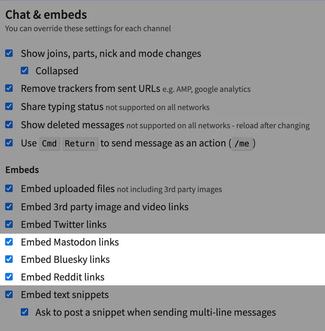 Screenshot showing the chat settings screen, highlighting options to embed Mastodon, Bluesky and Reddit links.