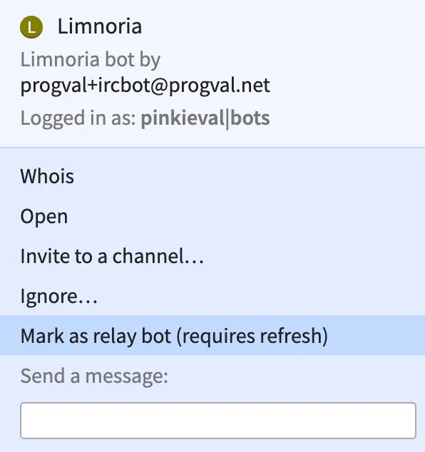 Screenshot showing the setting to Mark as relay bot.
