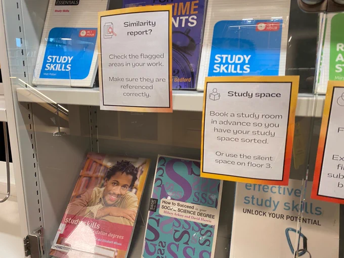 Image shows study skills books with info about study rooms and the similarity report