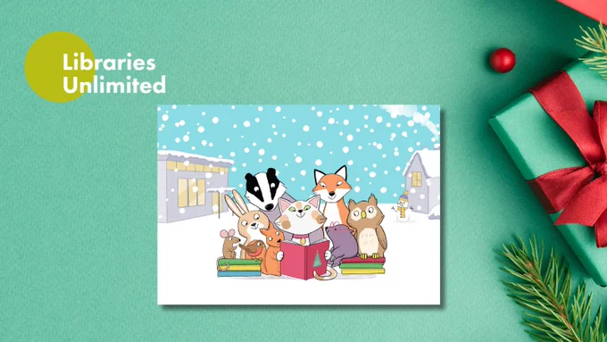 Card with animals reading books in a snowy scene