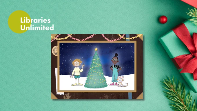Card with two characters and a cat standing by a christmas tree