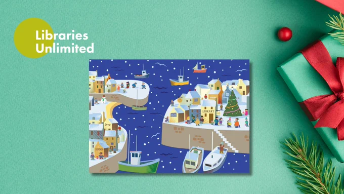 Card with snowy fishing harbour scene