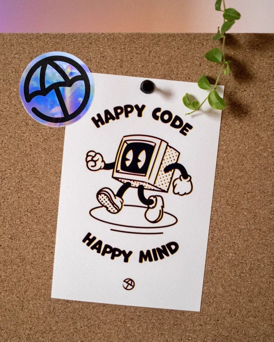 A jolly looking CRT monitor with arms and legs, with the tagline above and below it reading “happy code, happy mind”, and the poolside parasol logo