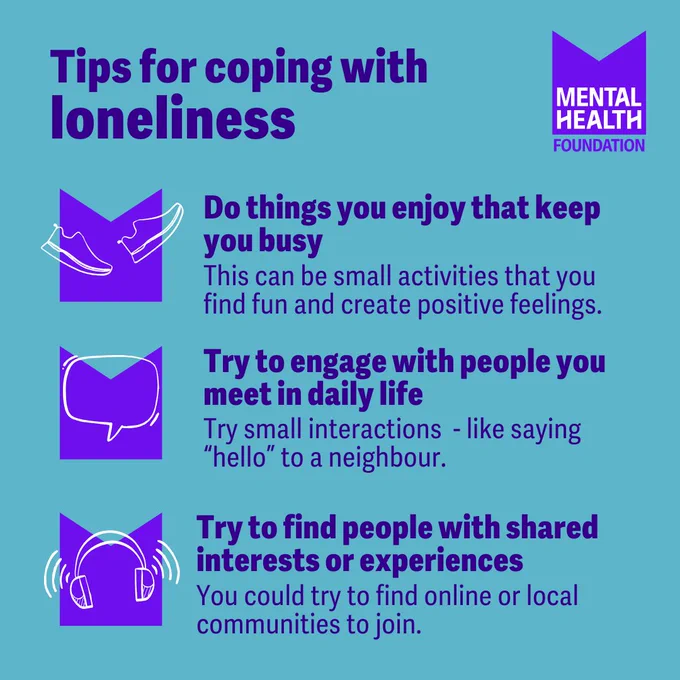 Graphic with text: Tips for coping with 
loneliness. 1/ Do things you enjoy that keep you busy. This can be small activities that you find fun and create positive feelings. 2/ Try to engage with people you meet in daily life. Try small interactions  - like saying “hello” to a neighbour. 3/ Try to find people with shared interests or experiences. You could try to find online or local communities to join.