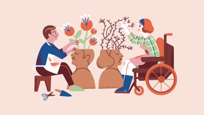 Two people engaged in gardening activities; one arranging flowers, and another in a wheelchair pruning a tree branch.