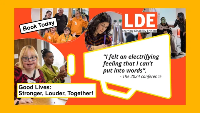 Images of various people attending the LDE conferences. An image of a megaphone with a quote inside it.